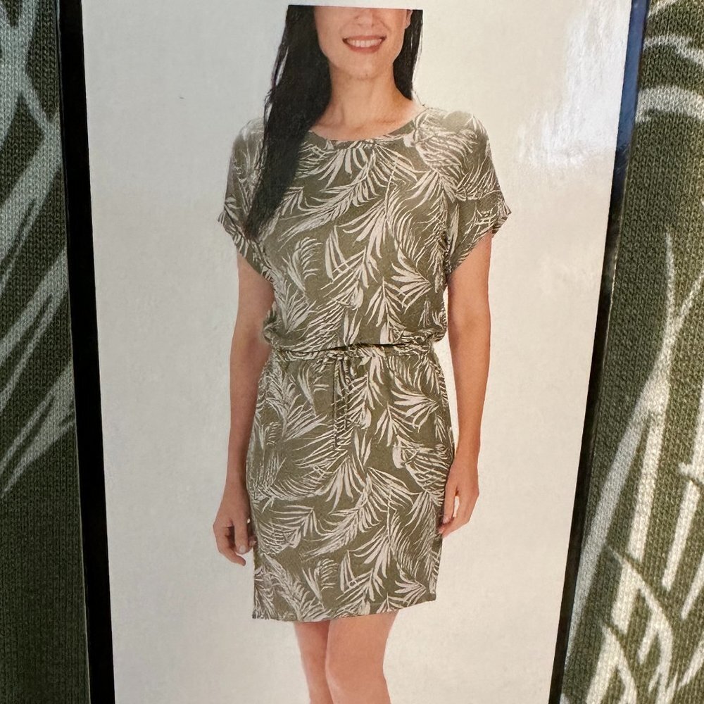 Hilary Radley Women's Midi Dress Size L Green Tropical Drawstrings At Waist NEW